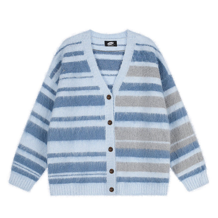 Damen Oversize-Strickjacke mit V‑Ausschnitt, kuscheliger Mohair‑Optik und gestreiftem Muster Echoarchiv