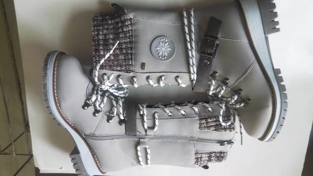 Damen nan gefütterte Schnürstiefel mit gestricktem Schaftbund, dekorativem Schnallenriemen und profilierter Gummisohle Echo Archiv