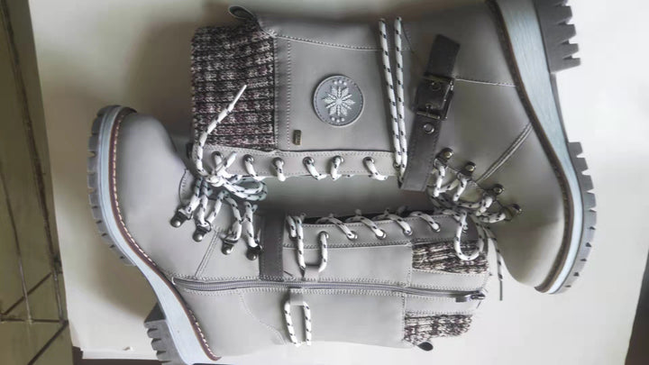 Damen nan gefütterte Schnürstiefel mit gestricktem Schaftbund, dekorativem Schnallenriemen und profilierter Gummisohle Echo Archiv