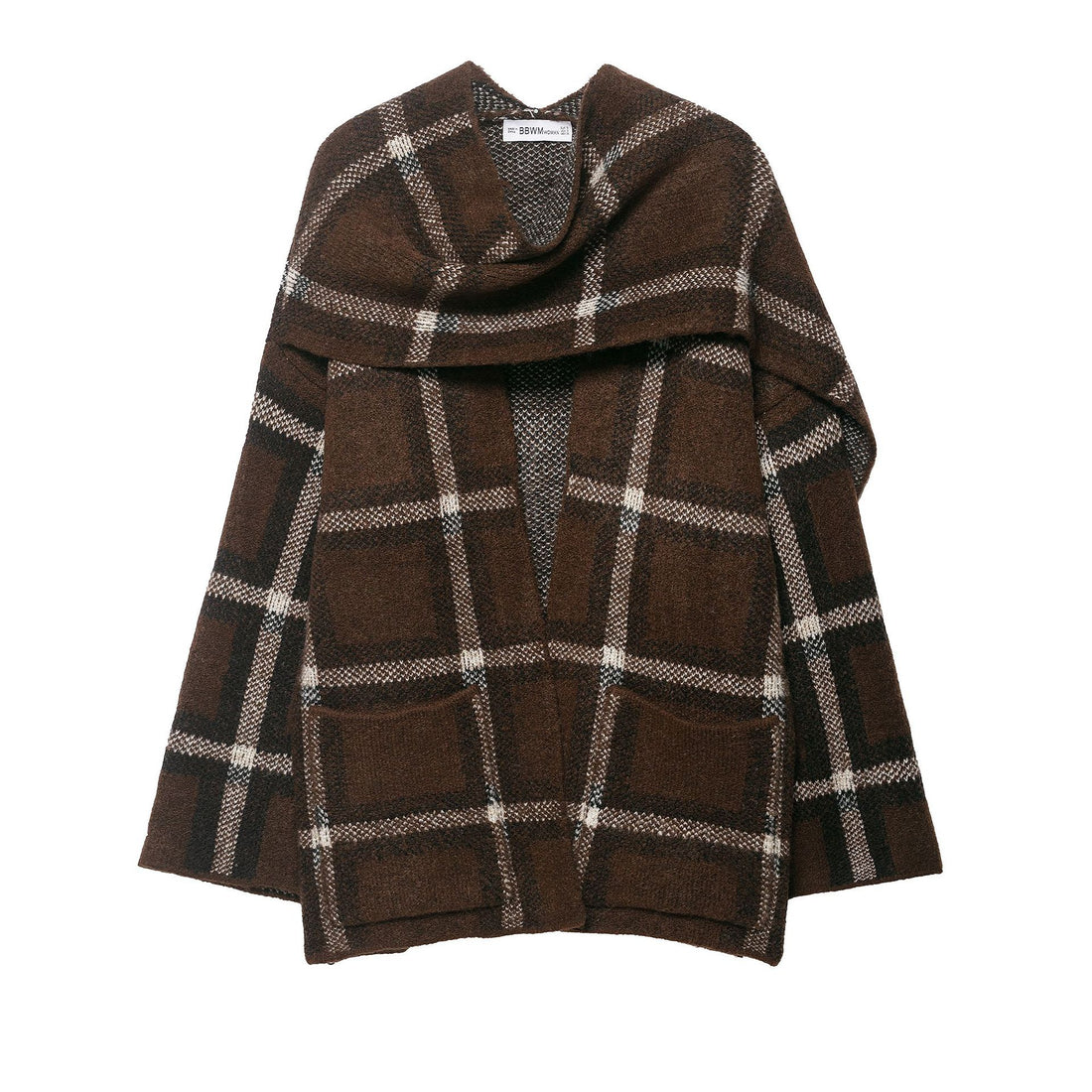 Damen Oversize Cape-Cardigan mit Kapuze, aufgesetzten Taschen und Karomuster Echoarchiv