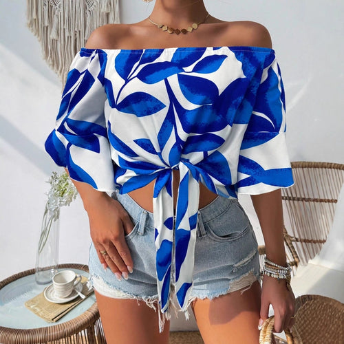 Damen Off-Shoulder Bluse mit floralem Muster und taillierbarem Knoten Echo Archiv