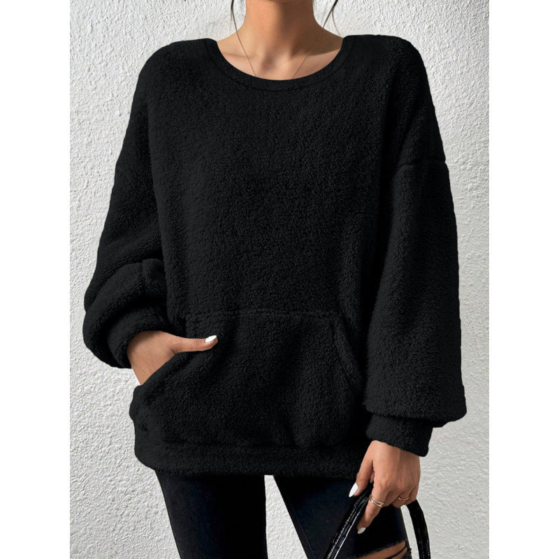 Damen Kuscheliger Oversize-Sherpa-Pullover mit Kängurutasche und Ballonärmeln Echo Archiv
