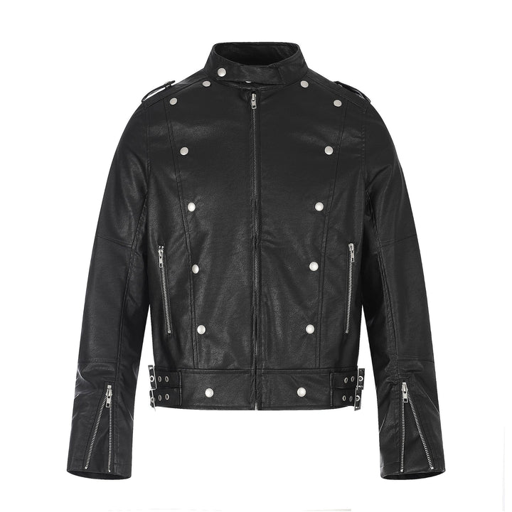 Herren Biker‑Lederjacke im Military‑Style mit Nieten, Stehkragen und Taillengürtel Echoarchiv