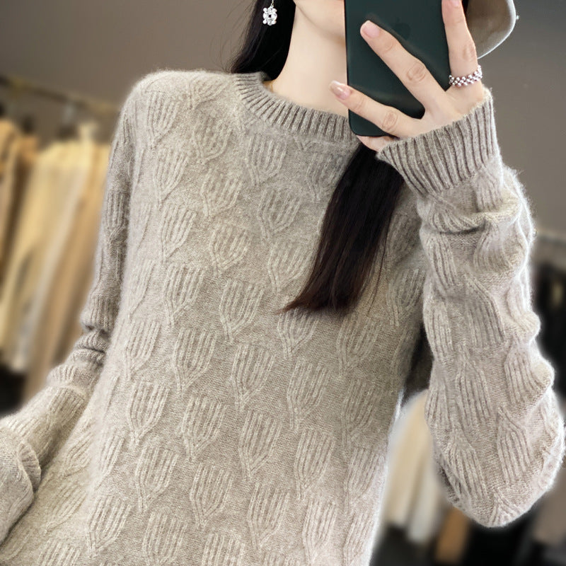 Damen Weicher Mohair‑Look Rundhalspullover mit erhabener Tulpenstruktur Echoarchiv