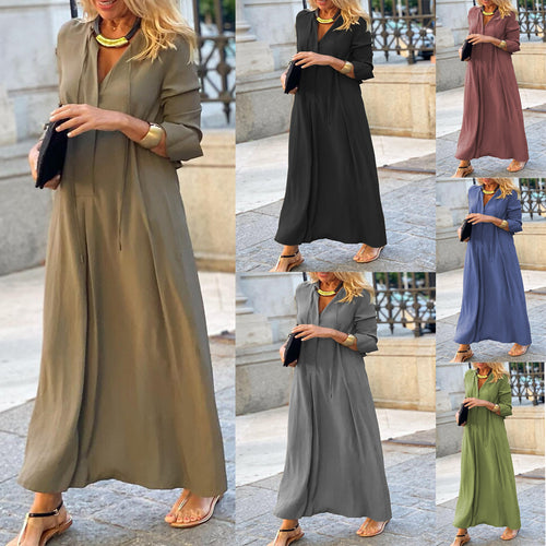 Damen Maxikleid mit V-Ausschnitt, Langärmelig, lockere A-Linien‑Silhouette und Kordelzug – Valéora