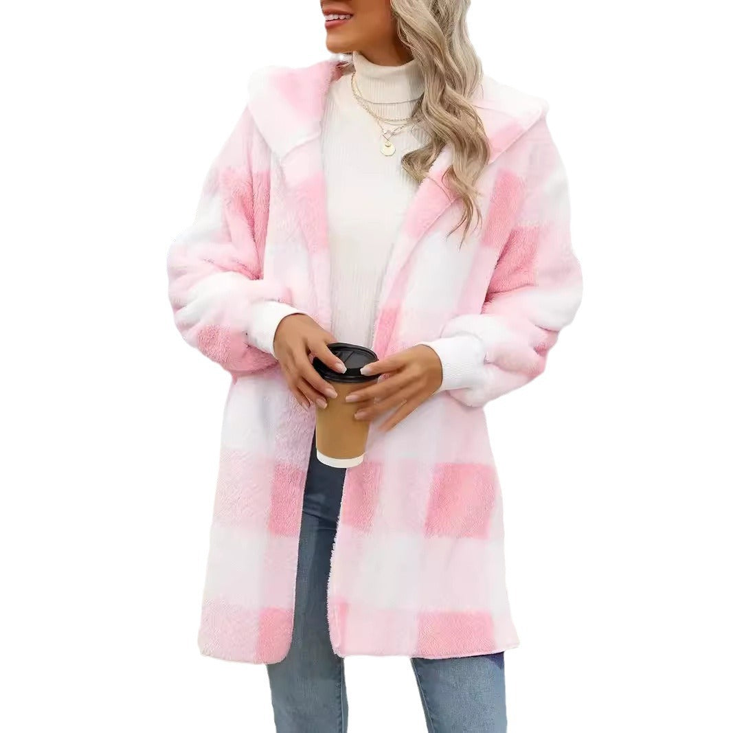 Damen Oversize Karierter Teddy-Mantel mit Kapuze und Eingrifftaschen Echo Archiv