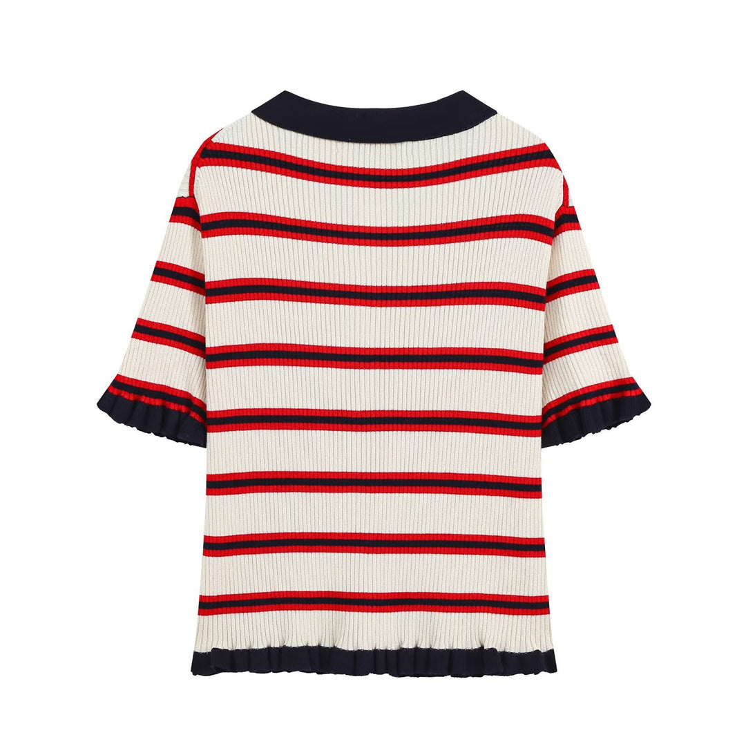 Damen Kurzarm-Rippenstrick-Cardigan mit Polokragen, Knopfleiste und Rüschensaum Echo Archiv