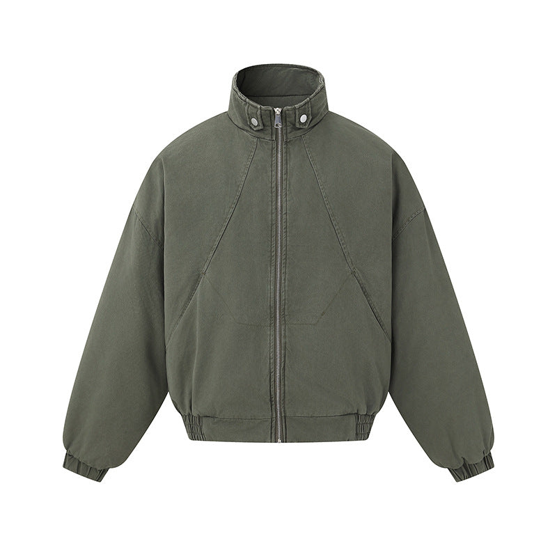 Unisex Boxy-Canvas-Blousonjacke mit hohem Stehkragen, diagonalem Nahtdesign und elastischem Saum Echoarchiv