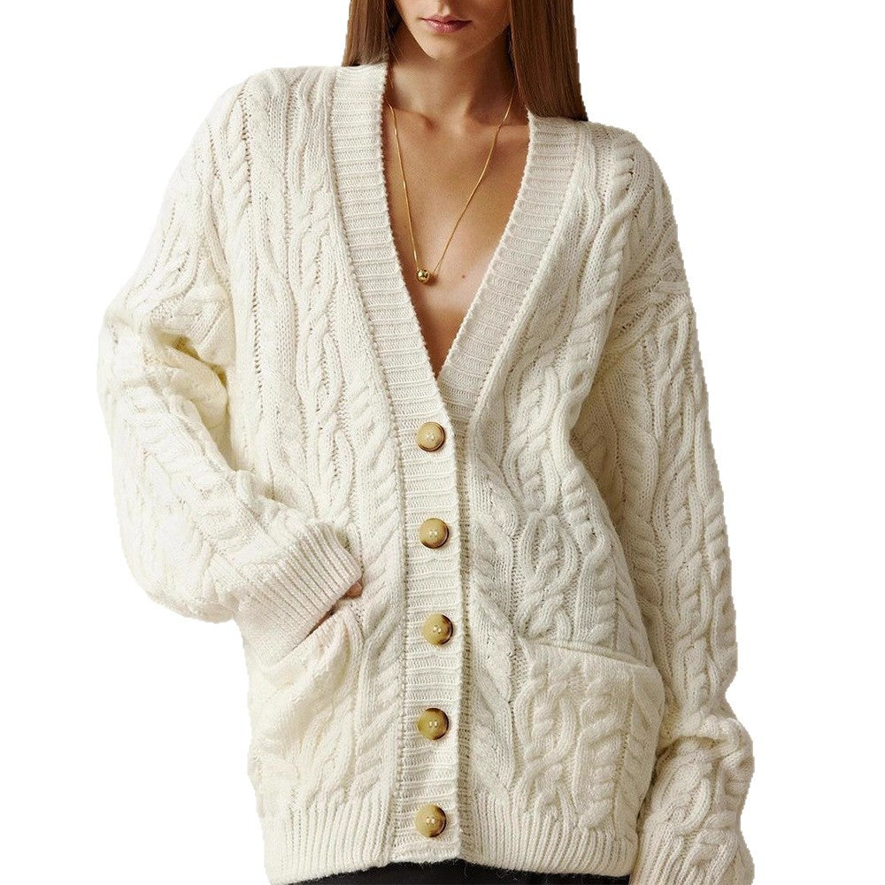 Damen Oversize Zopfmuster-Strickcardigan mit V‑Ausschnitt und aufgesetzten Taschen Echoarchiv