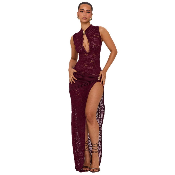 Damen Elegantes Spitzenkleid mit tiefem V-Ausschnitt und drapiertem Saum Echo Archiv