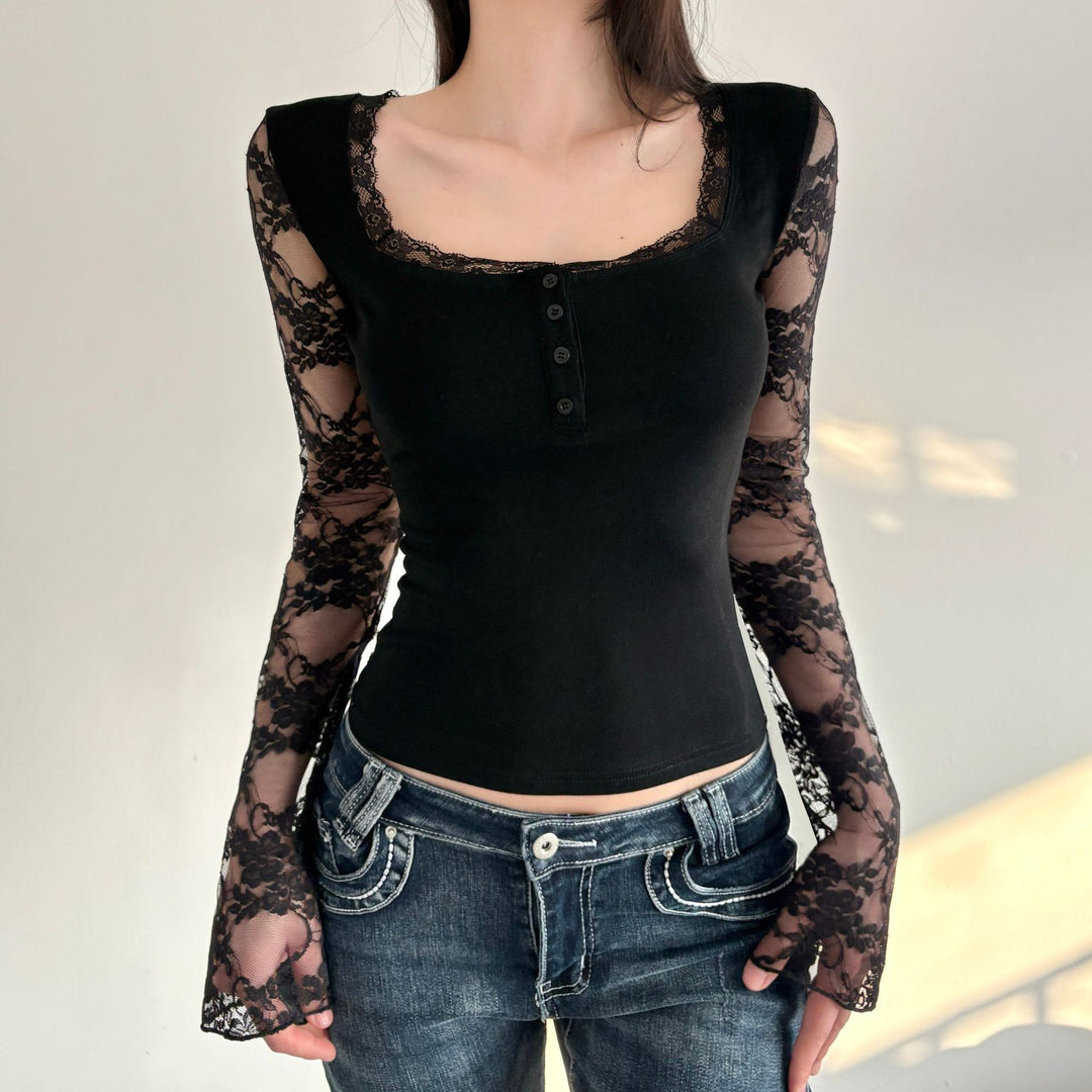 Damen Elegantes Langarmshirt mit Spitze und Knopfdetails Echo Archiv