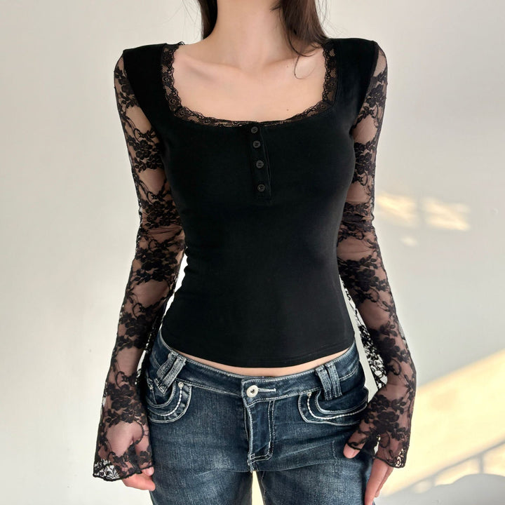 Damen Elegantes Langarmshirt mit Spitze und Knopfdetails Echo Archiv