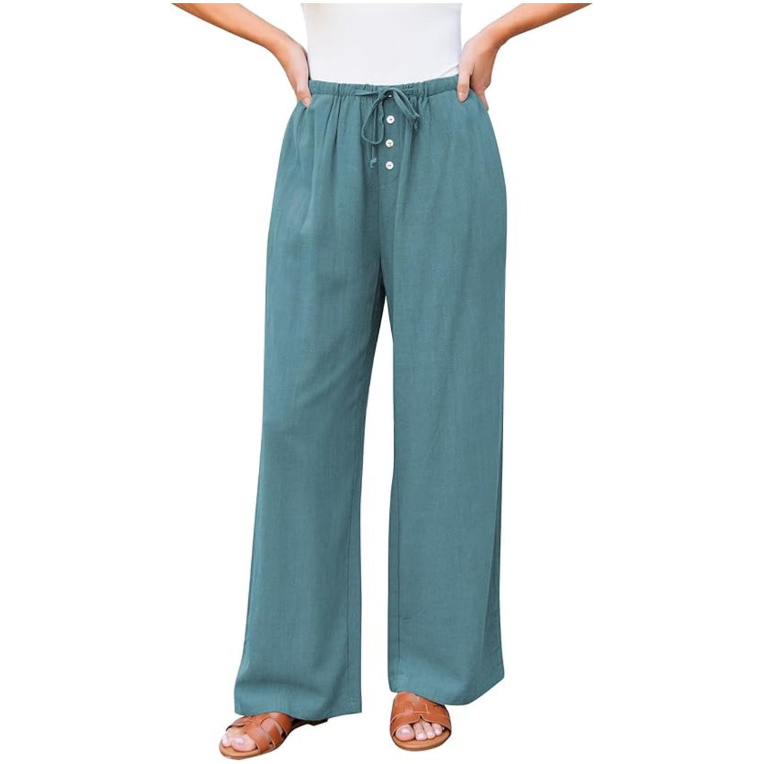 Damen weite Leinenhose mit elastischem Bund, Kordelzug und Knopfleiste Echo Archiv