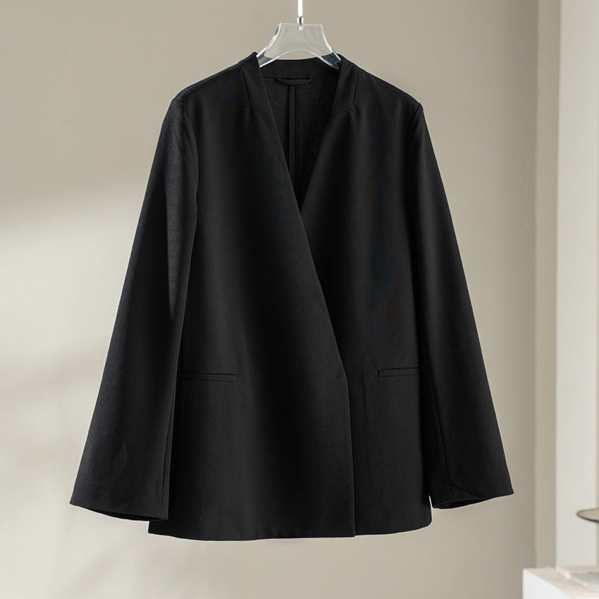 Damen kragenloser Longline-Blazer mit offenem V-Ausschnitt und Eingrifftaschen Echoarchiv