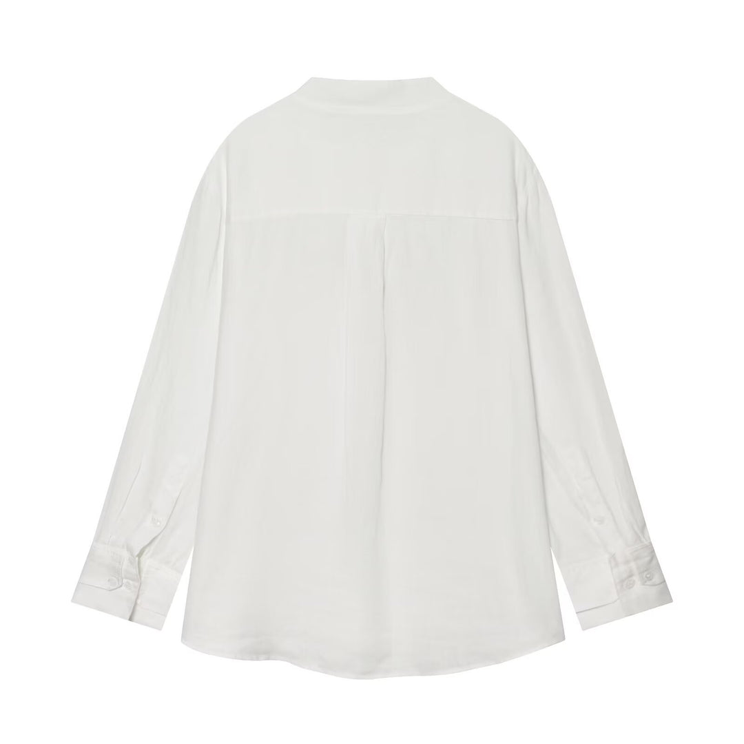 Damen Oversize Leinenbluse mit Stehkragen und chinesischen Knotenknöpfen Echo Archiv