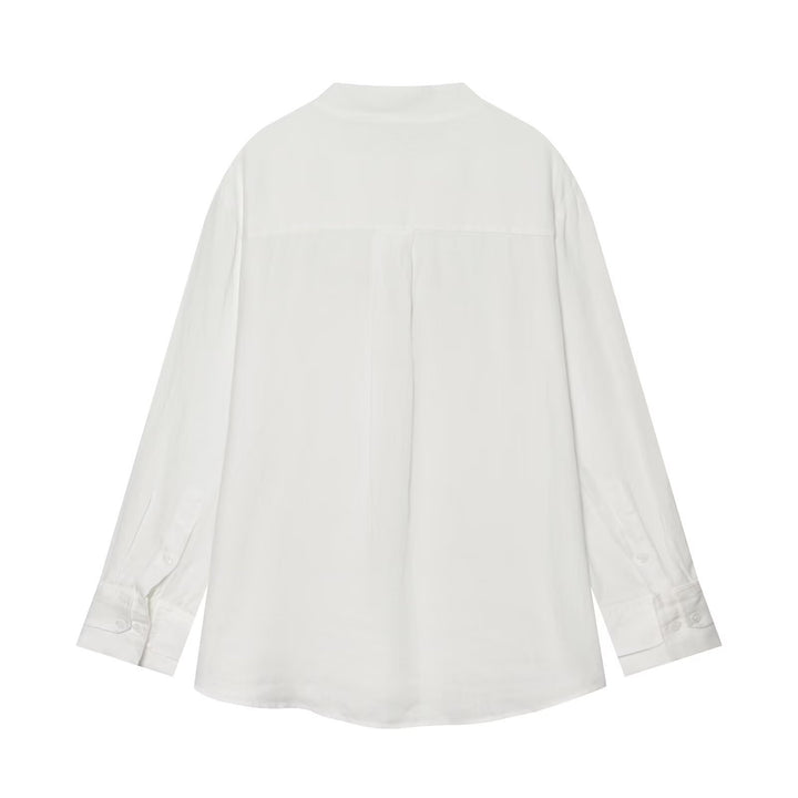 Damen Oversize Leinenbluse mit Stehkragen und chinesischen Knotenknöpfen Echo Archiv