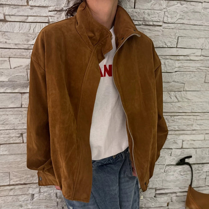 Damen Oversize Veloursleder-Blouson mit hohem Stehkragen und Metallreißverschluss Echoarchiv