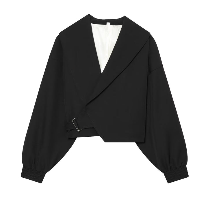 Damen Kurze Wickeljacke mit weitem Schalkragen, taillierendem Schnallenband und Ballonärmeln Echo Archiv