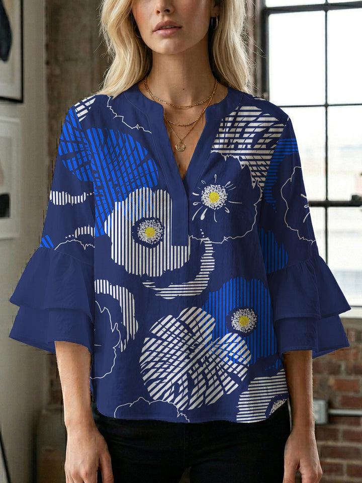 Damen elegantes Blusenshirt mit voluminösen Rüsenärmeln und grafischem Blumendesign Echo Archiv