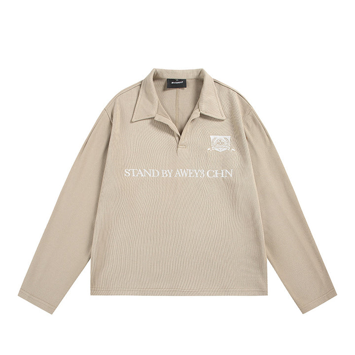 Unisex Langärmeliges Rugby-Polo mit offenem Kentkragen und Brustprint Echoarchiv