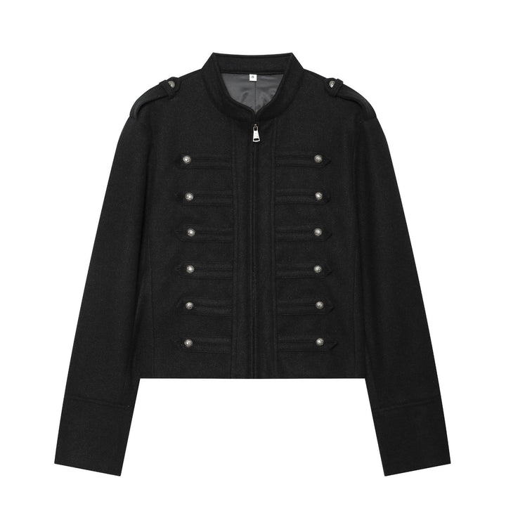 Damen militärisch inspirierte Wolljacke mit Stehkragen Zipper und dekorativen Knopfleisten – Célinea