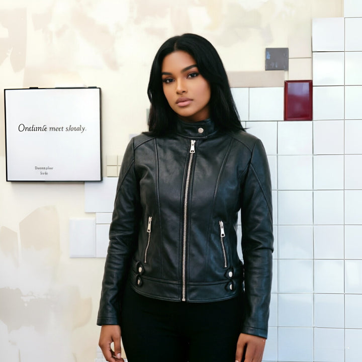 Damen Modische Kunstlederjacke mit Stehkragen Echo Archiv