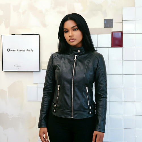 Damen Modische Kunstlederjacke mit Stehkragen Echo Archiv