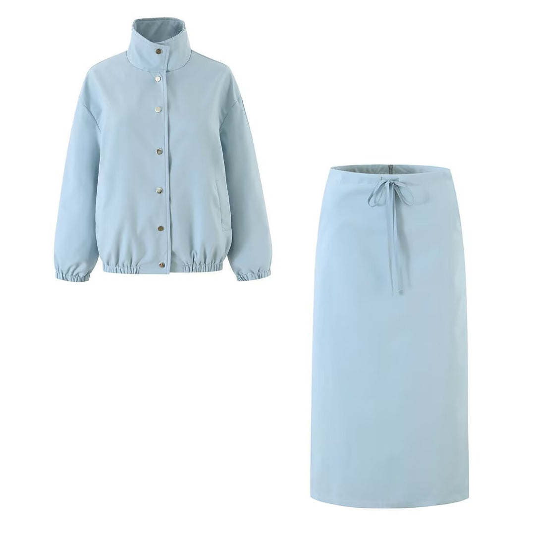Damen Zweiteiliges Set aus kurzem Blouson mit Stehkragen und hoher Taillen-Bleistiftrock Echo Archiv