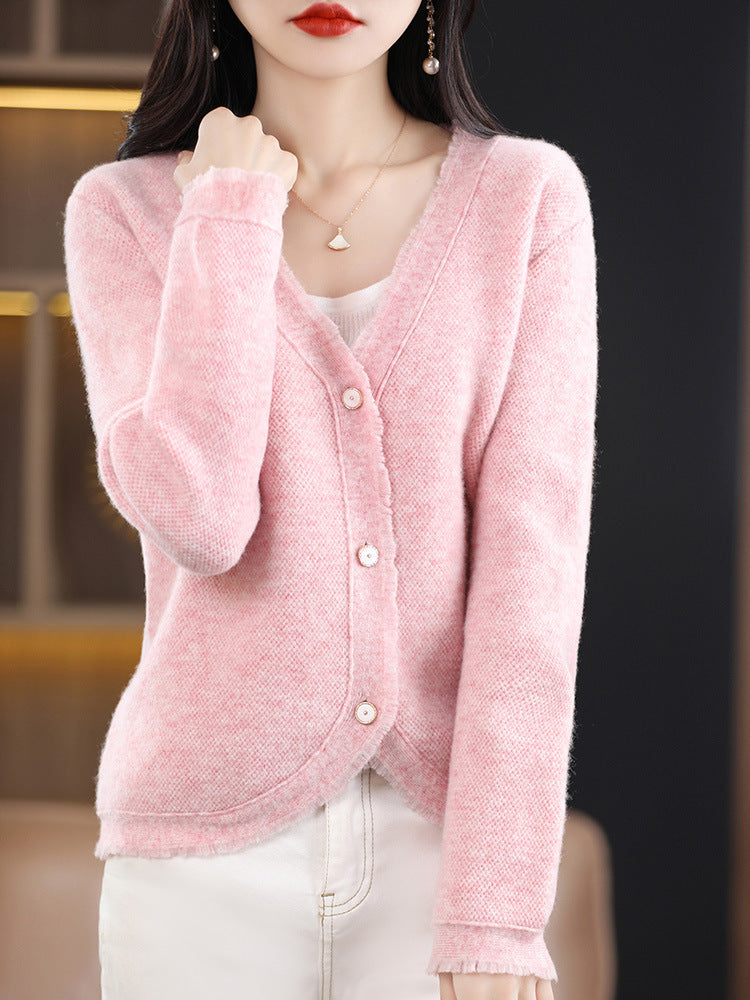 Damen Kurzgeschnittener V‑Ausschnitt‑Cardigan mit feinem Flor und Perlmuttknöpfen Echoarchiv