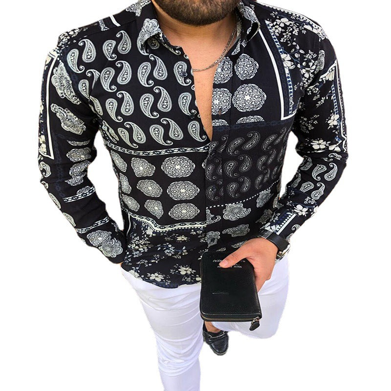 Herren Langärmeliges Patchwork-Hemd mit Paisley- und Blumenprint Echoarchiv