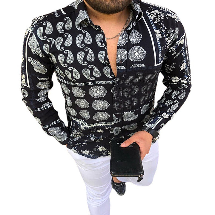 Herren Langärmeliges Patchwork-Hemd mit Paisley- und Blumenprint Echoarchiv