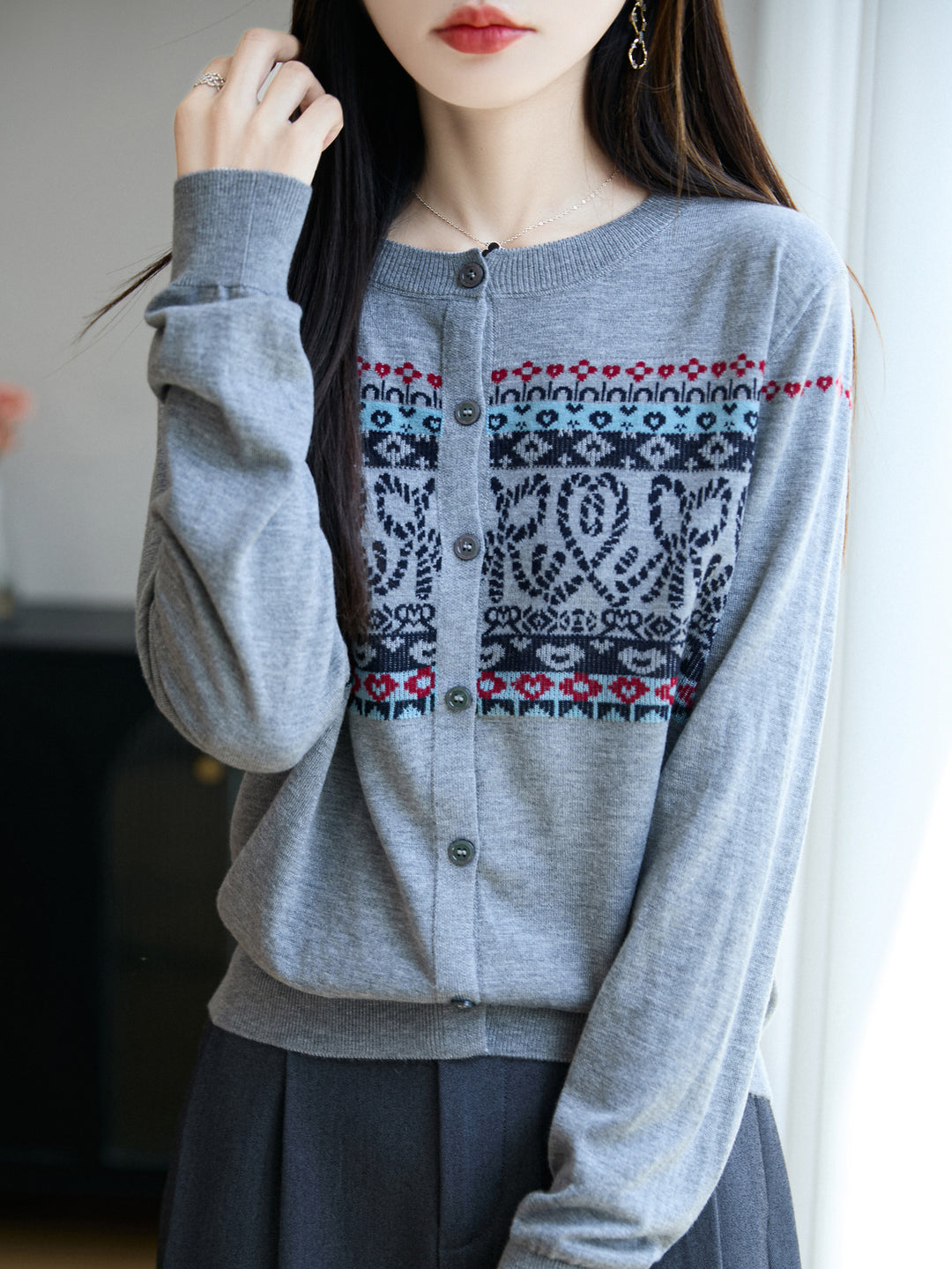 Damen Leichter Feinstrick-Cardigan mit nordischem Jacquardmuster und feiner Knopfleiste Echoarchiv