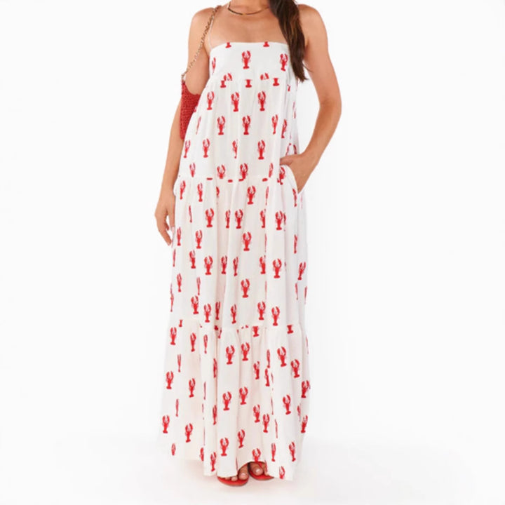 Damen nan trägerloses Bandeau-Maxikleid mit gestuftem Volantrock und maritimem Hummer-Motiv Echo Archiv