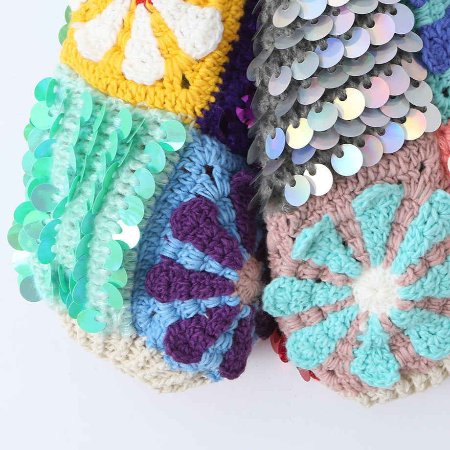 Damen verspielter Häkelpatchwork-Cardigan mit Pailletten und Blumenapplikationen Echoarchiv