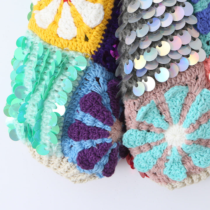 Damen verspielter Häkelpatchwork-Cardigan mit Pailletten und Blumenapplikationen Echoarchiv