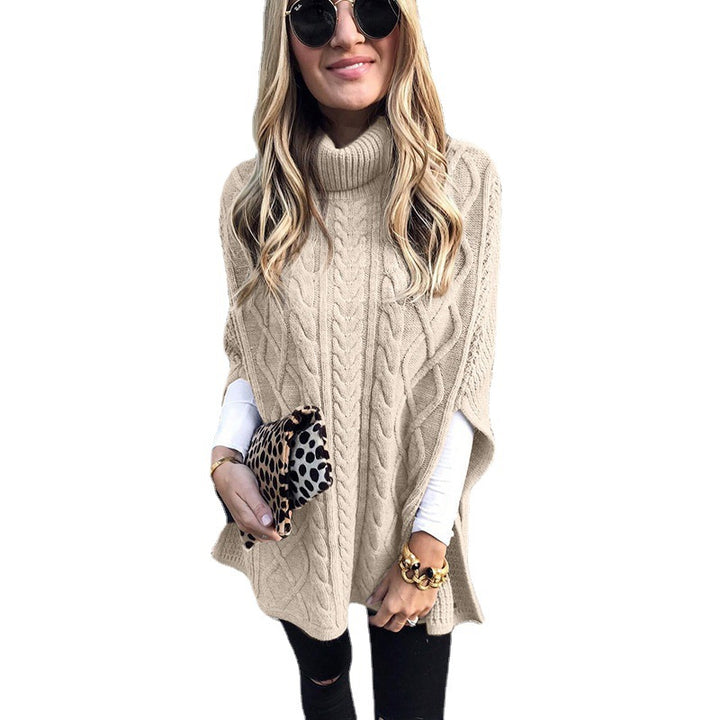 Damen nan kastiger Strickponcho mit hohem Rollkragen, Zopfstruktur und seitlichen Schlitzen Echo Archiv