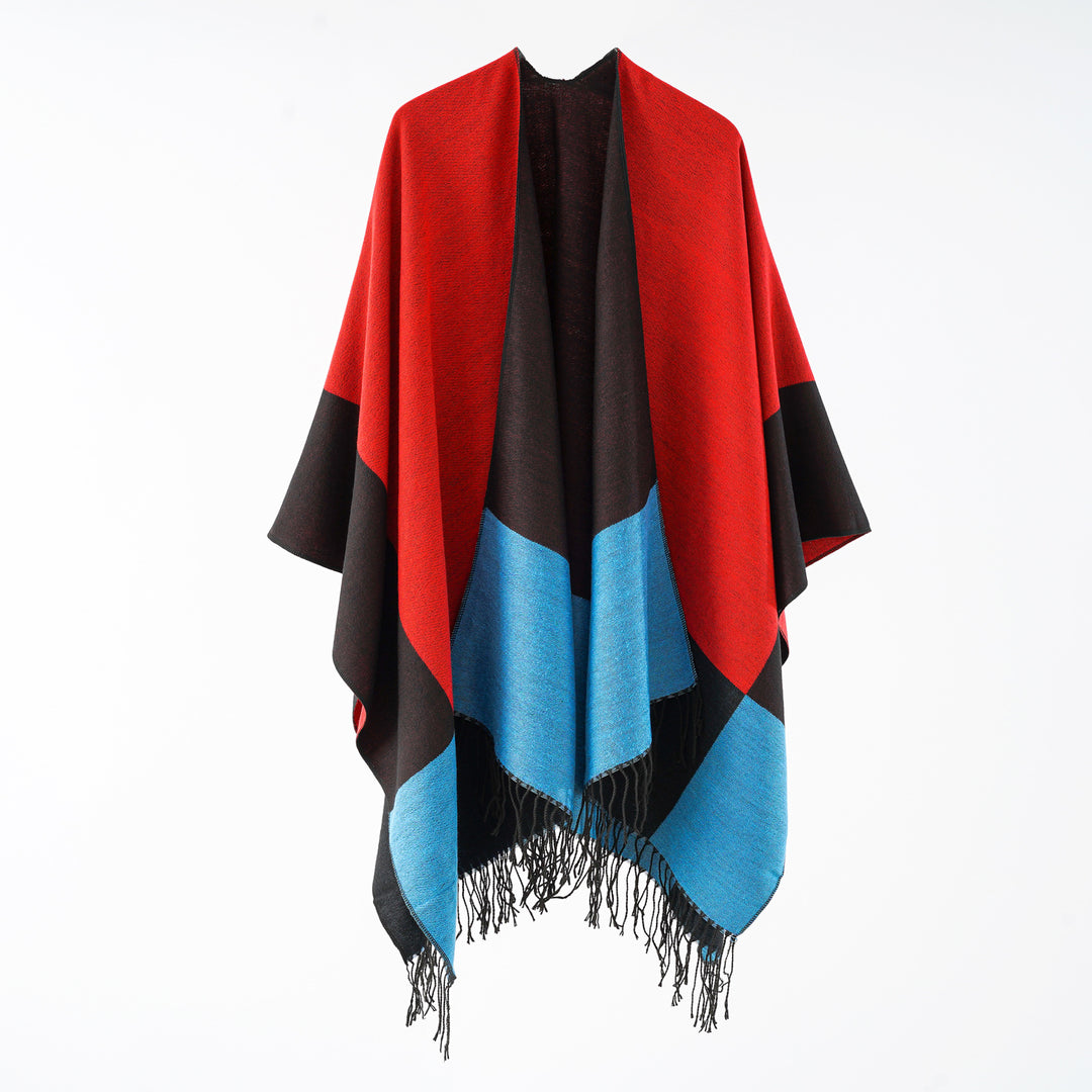 Damen eleganter Wollmix-Capeponcho mit grafischem Blockmuster und Fransen – Avérine
