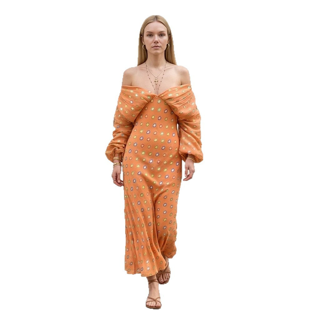 Damen Elegantes Off-Shoulder Maxikleid mit gedrehtem Vorderteil und Ballonärmeln Echoarchiv