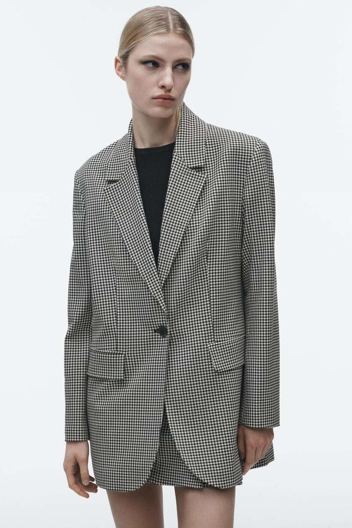 Damen Oversize Hahnentritt Blazer mit Ein-Knopf-Verschluss und Pattentaschen – Valéne
