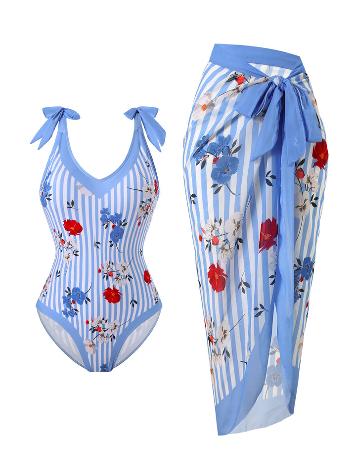 Damen Badeanzug mit floralem Design und transparentem Wickelrock Echo Archiv