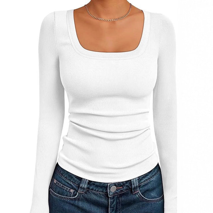Damen Figurnahes Ripp-Langarmshirt mit weitem Carré-Ausschnitt und Stretch-Baumwollmix – Avérine