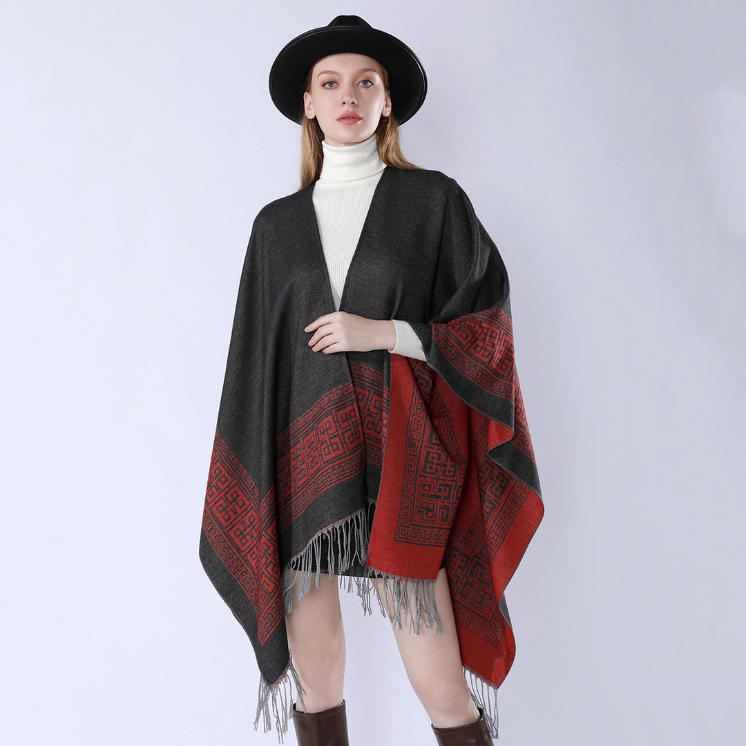 Damen Reversibler Wollmix‑Überwurf im Kimono‑Fall mit ornamentaler Bordüre und Zierfransen – Célinea