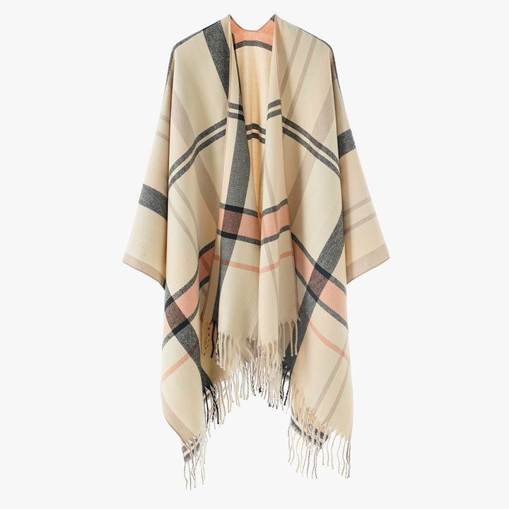 Damen Oversize Karierter Fransen-Poncho aus weichem Strick – Avérine