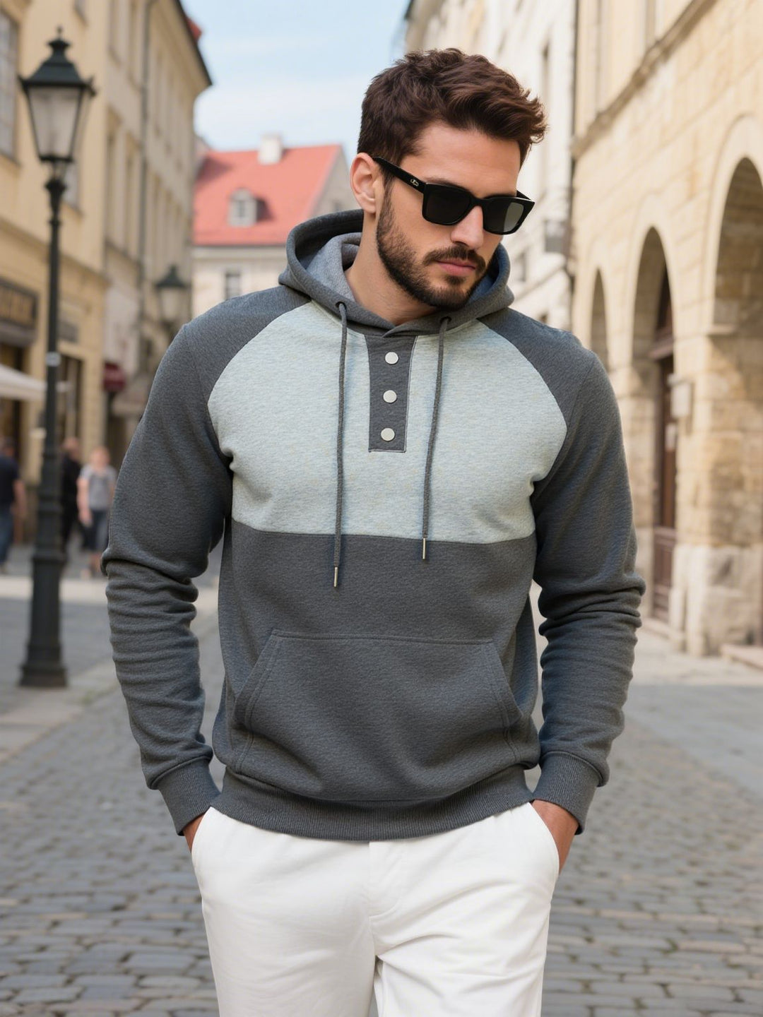 Herren modischer Hoodie mit Knopfdetails und Kontrastdesign Echoarchiv