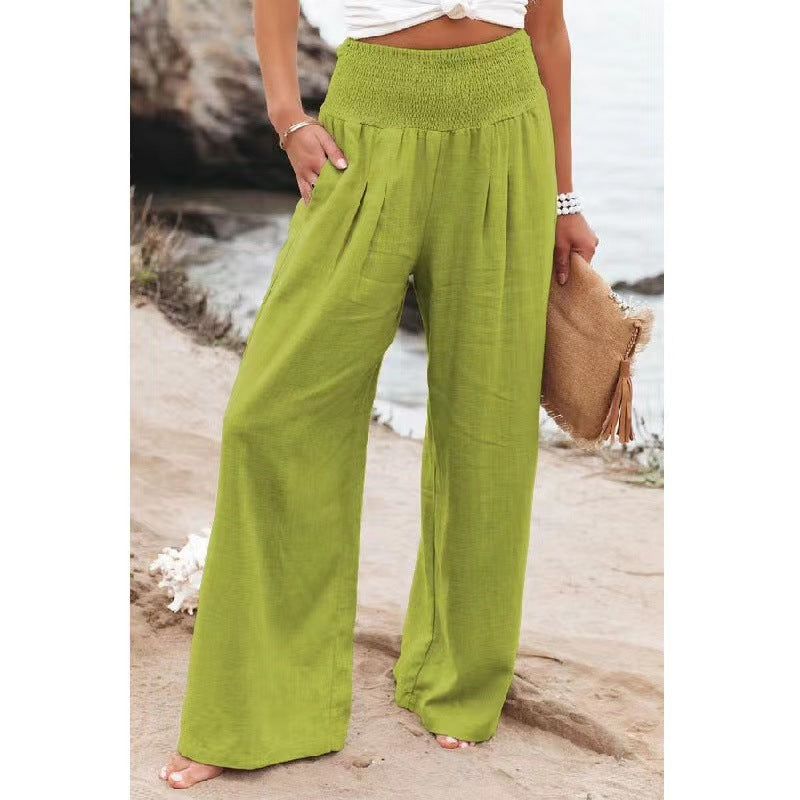 Damen weite Leinenhose mit elastischem Bund und Falten Echoarchiv