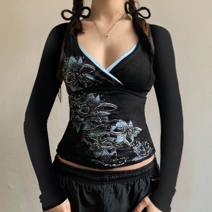 Damen Langarm-Crossover-Top mit V-Ausschnitt, floraler Seitenprint und Kontrastbesatz – Orélia