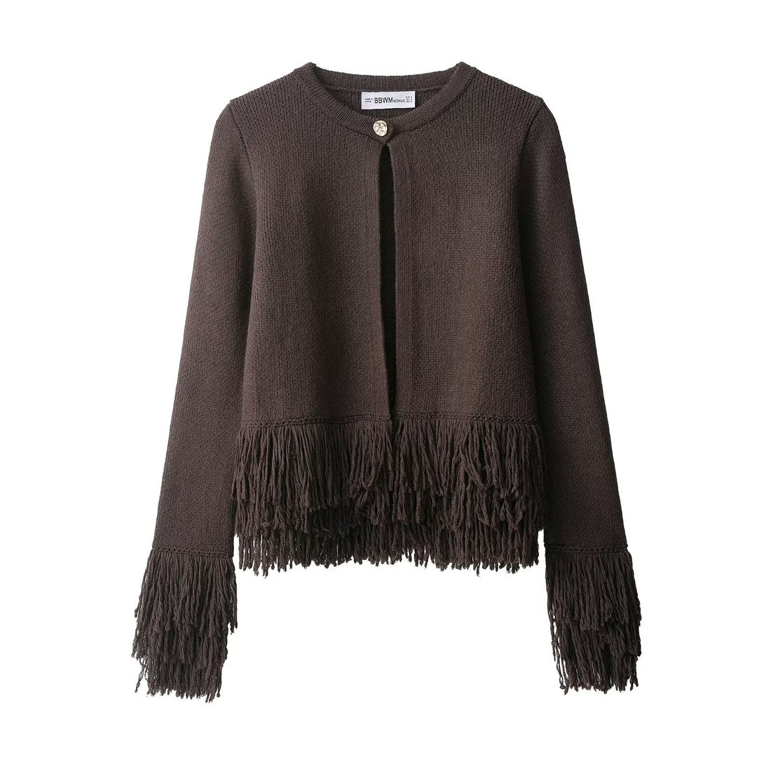 Damen Kurzer Strickcardigan mit Fransenbesatz, Rundhalsausschnitt und Ein-Knopf-Verschluss Echoarchiv