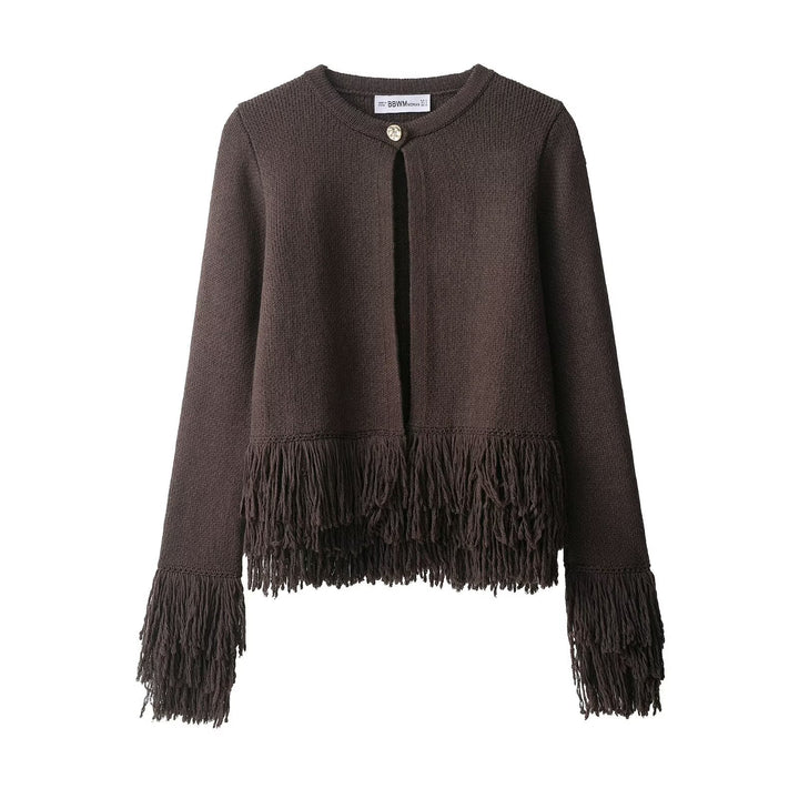 Damen Kurzer Strickcardigan mit Fransenbesatz, Rundhalsausschnitt und Ein-Knopf-Verschluss Echoarchiv