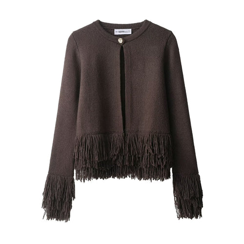Damen Kurzer Strickcardigan mit Fransenbesatz, Rundhalsausschnitt und Ein-Knopf-Verschluss Echoarchiv