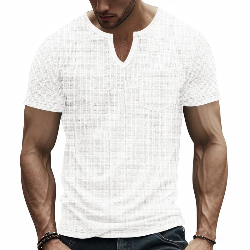 Herren nan Kurzarmshirt mit geschlitztem V-Ausschnitt strukturierter Leinenoptik und aufgesetzter Brusttasche Echo Archiv